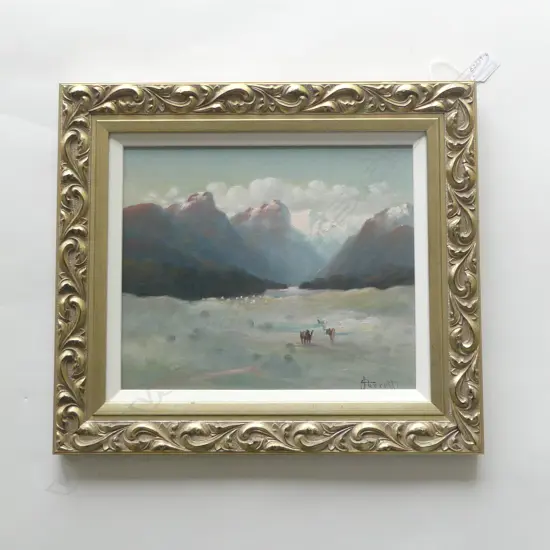 J D PERRETT, MOUNTAIN SCENE, OIL ON BOARD, SIGNED, 260 x 320mm