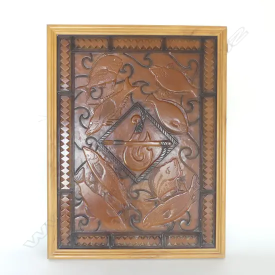 ARTIST UNKNOWN, CARVED PANEL FISH ARTWORK 790x590mm