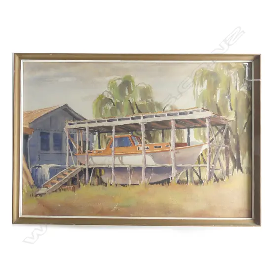KAY WALSH W/C 'BOAT BUILDING AT CAMBRIDGE' SIGNED. SIGNED & ENTITLED VERSO. 380 X 565mm