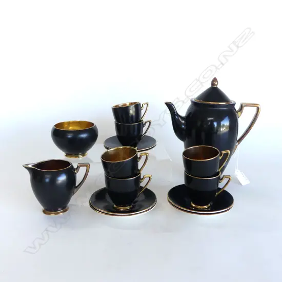 15 PCE BLACK & GOLD CARLTON WARE DEMI TASSE SET; 6 C/S (1 AF) SUGAR, MILK & COFFEE POT (FINIAL REPAIRED)