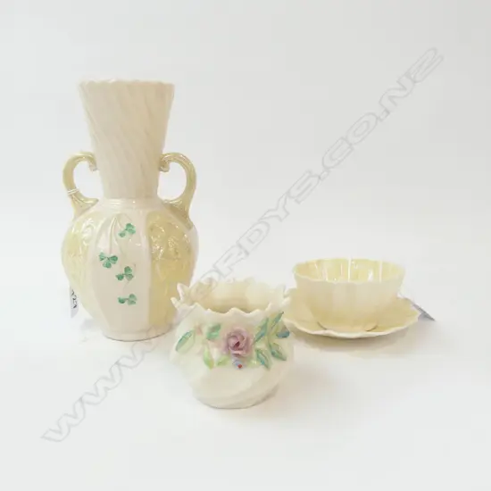 THREE BELLEEK GREEN MARK  ITEMS  TWO HANDLED VASE H.200mm FLORAL VASE H.65mm & SCALLOPED VASE 90Z90X50mm 