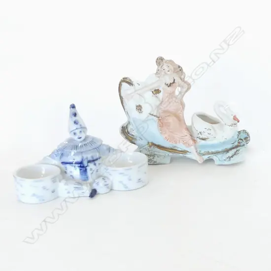 VICTORIAN BISQUE GIRL & SWAN VASE, AND LIDDED CLOWN CRUET  