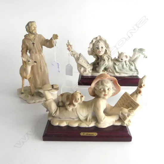3X ITALIAN 'FLORENCE' RESIN FIGURE GROUPS: boy w dog + girl w cat + Jesus w deer missing bird to hand