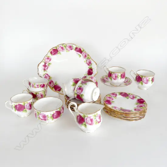 ROYAL ALBERT OLD ENGLISH ROSE TEASET, EIGHT SAUCERS TWO ROUND PLATES WITH MATCHING  CUPS CAKE PLATE SUGAR MILK & SIX PLA