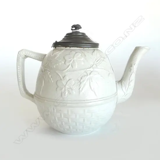 VICTORIAN Staffordshire salt glaze BASKET WEAVE BASED TEAPOT ORIENTAL INFLUENCE