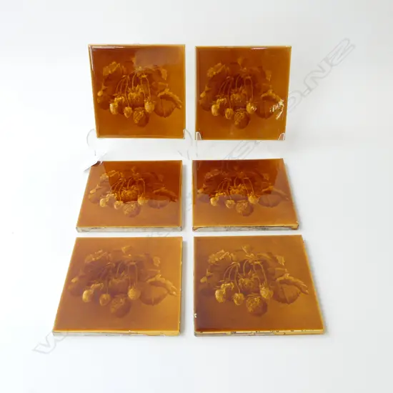 SET OF 6 ANTIQUE MAJOLICA GLAZE TILES STRAWBERRY BUNCHES BY SHERWIN ENGLAND 152MM SQ
