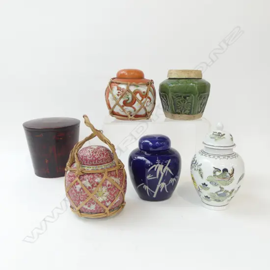 5 LIDDED GINGER JARS H.155mm + LIDDED LACQUER CONTAINER
