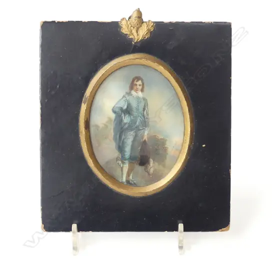 ANTIQUE MINIATURE ON IVORY BLUE BOY BLACK LACQUERED FRAME ACORN FINIAL L.140MM