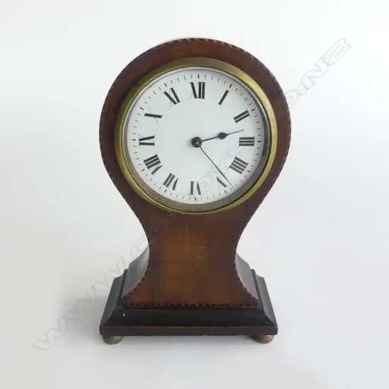 EDWARDIAN SHERATON REVIVAL MANTEL CLOCK WAISTED SHAPE, STRINGING INLAY,TICKS. H. 200mm