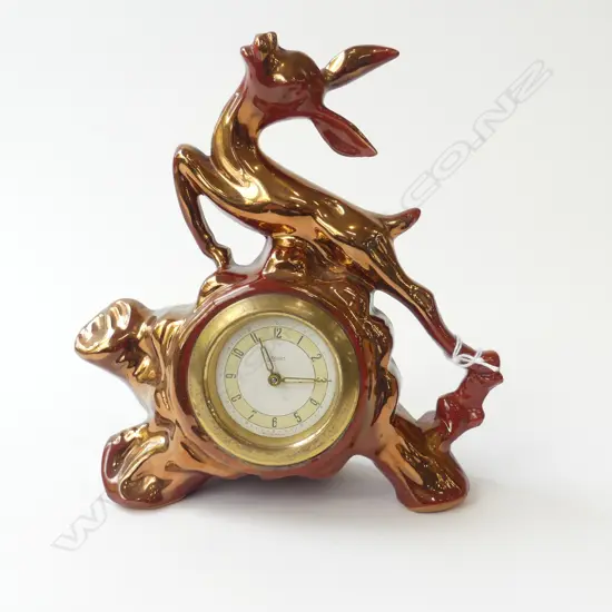 COPPER LUSTRE LEAPING GAZELLE CLOCK BY KAISER WEST GERMANY 1960’S (GOES) H.20CM