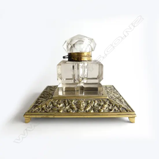 VICT BRASS & CUT GLASS INKBOTTLE