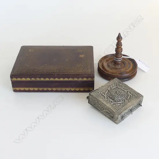 ANTIQUE WOODEN RING STAND 85mm dia, LEATHER BOX W.165mm, ETHNIC METAL CONTAINER W.70mm