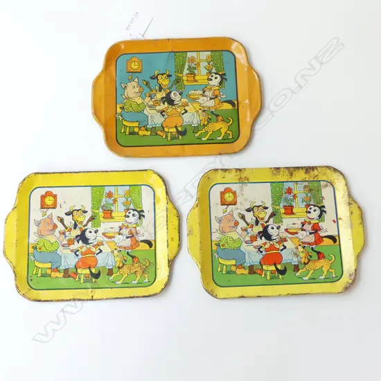THREE EARLY MICKEY MOUSE TINPLATE TRAYS L.195CM