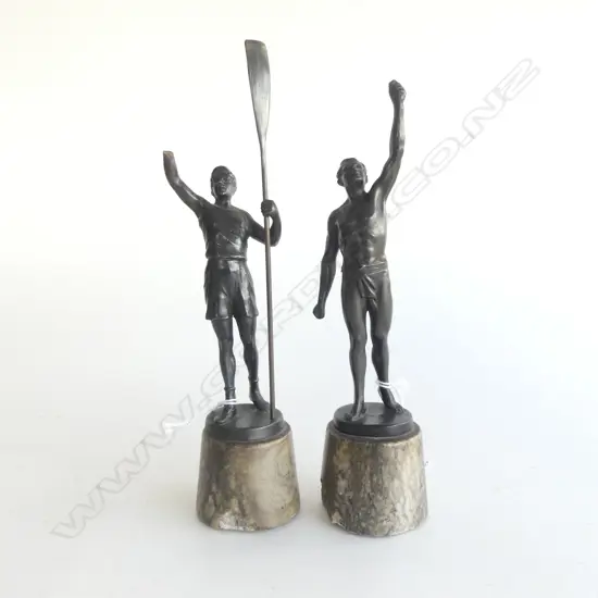 PAIR 1920S BRONZE FINISHED SPELTER SPORTSMAN FIGS, ROWER H.230 (DAMAGED) & OTHER WOULD HAVE BEEN HOLDING? H.21O
