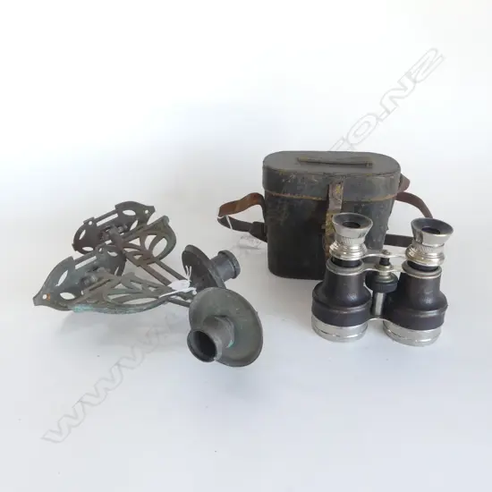 CASED WW1 PERIOD BINOCULARS WITH PAIR OF BRASS PIANO SCONCES