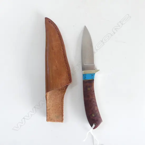 LEATHER SHEATHED COLLECTORS KNIFE MADE IN GERMANY BY C JULIUS HERBERTZ N119908 BURR WALNUT & TURQUOISE HANDLE L180MM