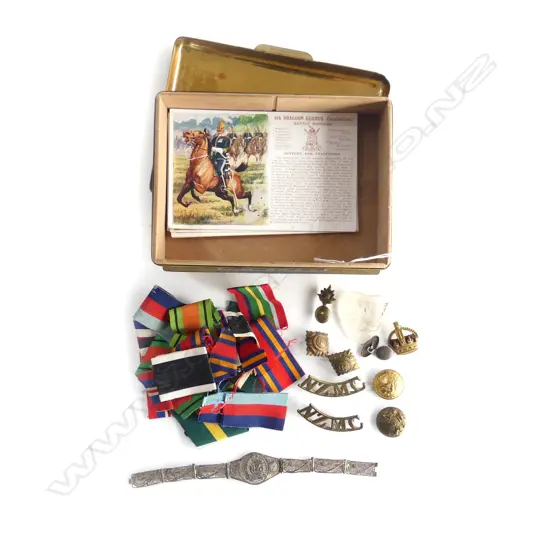 BRASS BOX OF ASST MILITARIA INCL RIBBONS BUTTONS CARDS ETC