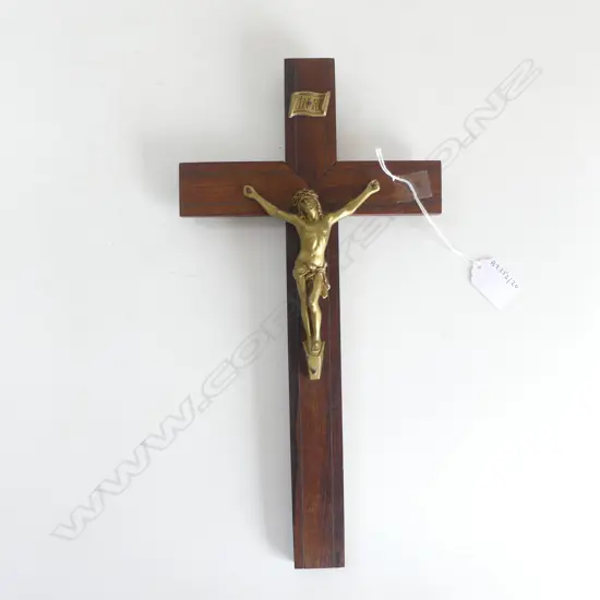 A FRENCH WALL CRUCIFIX LOURDES HARDWOOD CROSS METAL CHRIST L350MM
