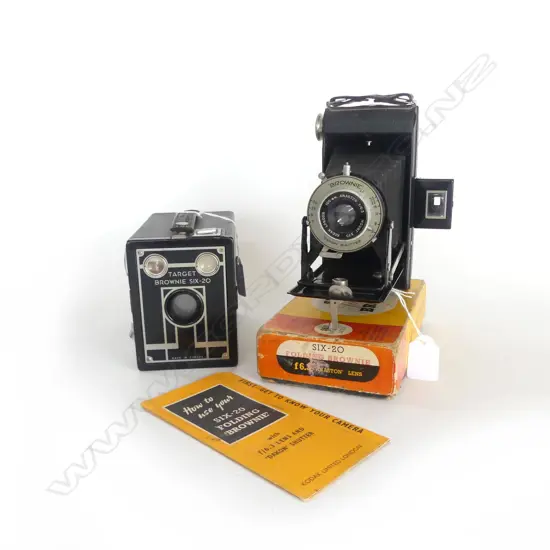 TWO CAMERAS: BOX BROWNIE SIX-20 BLACK & BROWNIE 620 FOLDING CAMERA IN ORIG CONDITION, BOX & INSTRUCTIONS ETC 