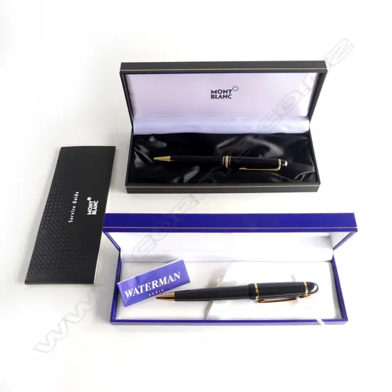 TWO BOXED BALLPOINT PENS ONE MONTBLANC WITH WARRANTY PURCHASED DUTY FREE & BOXED WATERMAN
