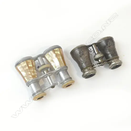 TWO PAIRS OPERA GLASSES, ONE MOP & FRENCH 'CHEVALIER' BRAND WITH BIRDS & FOLIAGE DECORATION