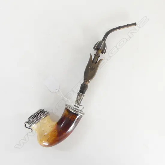 ANTIQUE LARGE MEERSCHAUM PIPE SILVER FITTINGS HORN & IVORY INLAID L320MM