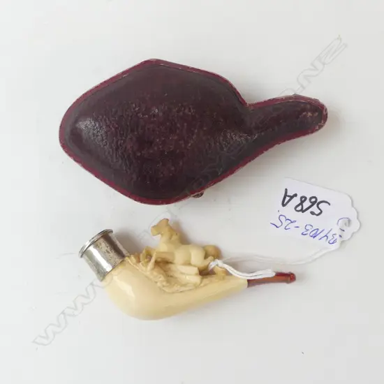 early 20thC MEERSCHAUM PIPE carved with a leaping horse. Silver top. In fitted leather case