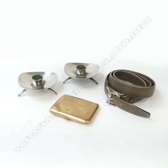 2 SMALL DANISH SILVER CANDLEHOLDERS (Dia.90mm), GOLD PLATED CIG CASE (L.85mm) & SNAKESKIN BELT (L.140mm)