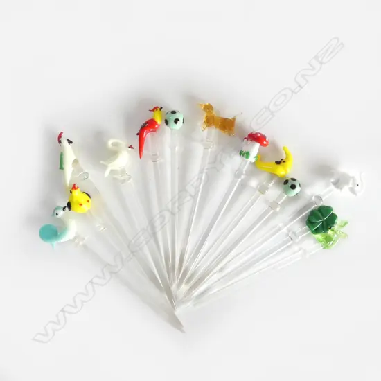 COLLECTION OF 13 MURANO GLASS 1950S PICKLE STICKS VARIOUS ANIMALS ETC  L85MM IN JEWELLERY BOX