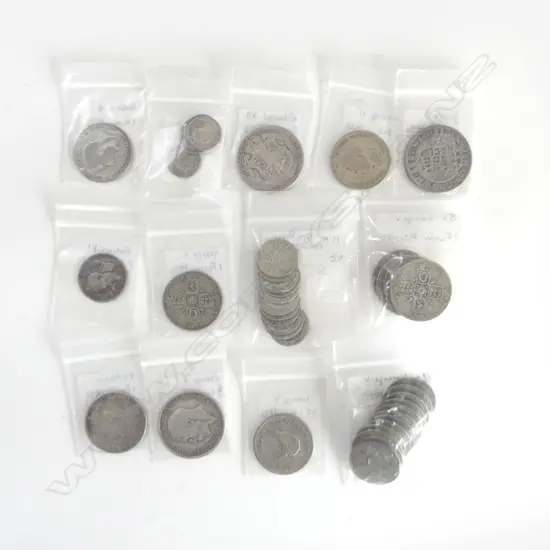 COLLECTION NZ SILVER COINS MAINLY GEO V  TREE PENCE SIX PENCE SHILLING FLORIN & HALF CROWNS PLUS  OTHERS 250 GMS