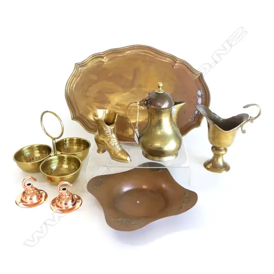 Vintage Brass Tray w 7 asst brass & copper, incl Antique J&S Copper Bowl, Brass Boot, brass jug & others
