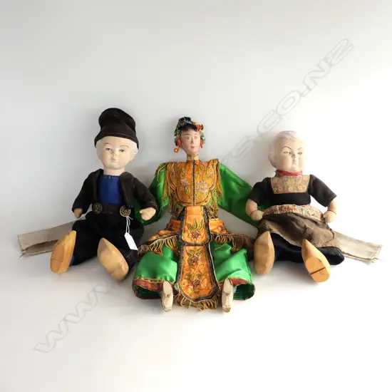 3 OLD DOLLS: PR DUTCH w composition heads & Chinese w fancy silk robes 
