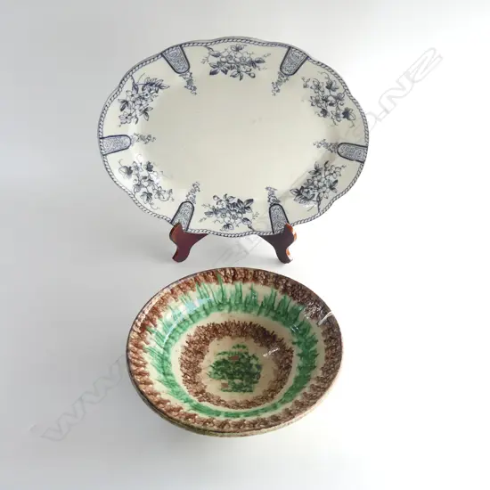 PAKISTAN SWAT VALLEY SPONGE DECORATED BOWL minor chipping + LGE ENGLISH OLD BLUE & WHITE ASHETE 