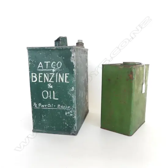 2 VINTAGE GREEN PAINTED METAL PETROL CANS H.320, 240mm
