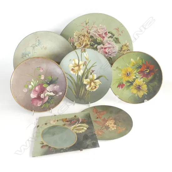 6 EARLY 20thC CIRCULAR FLORAL ARTWORKS, OIL ON METAL 395-215mm dia + 1 200x200mm