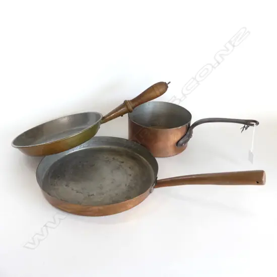 Vintage French Copper + Iron Pot, Vintage pan w wooden handle & Large Antique French Copper Frypan