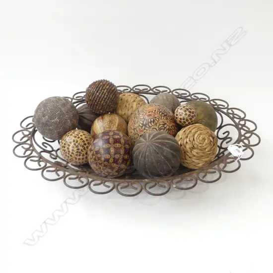 LARGE WROUGHT IRON BOWL WITH 14 ASSORTED DECORATIVE BALLS WOODEN ETC L. 55CM