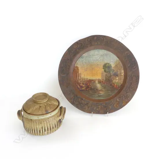 LIDDED CASSEROLE 70S INITIALLED LB 210X140mm & UNUSUAL METAL CHARGER WITH CENTRAL SCENE FROM CLAUDE LARRAINE. Dia 390mm