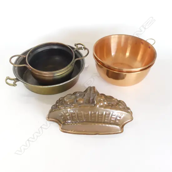 5 pc, Vintage Copper Pan with Brass Handles, pr copper mixing bowls, copper handled pot & fruit basket mould