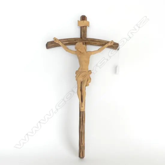 A WALL CRUCIFIX CARVED JESUS WOODEN CROSS L550MM