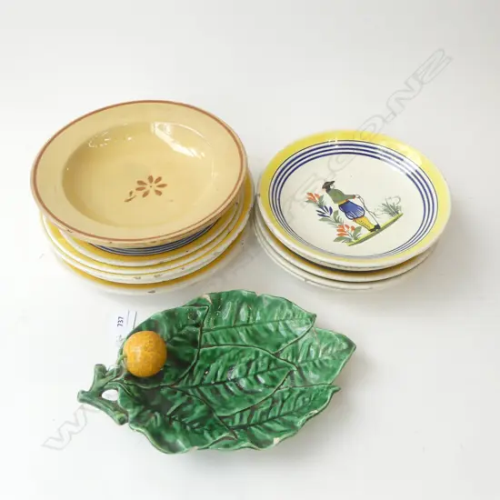 11 FRENCH HENRIOT QUIMPER FAIENCE PLATES INCL. 5 BOWLS 250mm dia + 2 OTHER faults & repairs