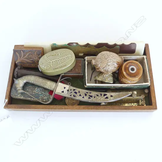 3 VINTAGE STAMP BOXES, MEDAL, TAGS, LETTER SWORD ETC