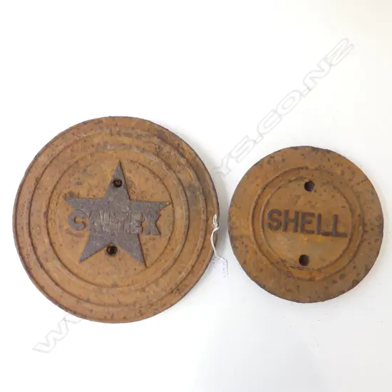 2 VINTAGE CAST IRON PETROL TOBY COVERS; SHELL 245mm & CALTEX 320mm dia