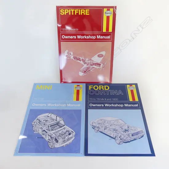 3 METAL SIGNS; MINI, FORD CORTINA, SPITFIRE 410x300mm