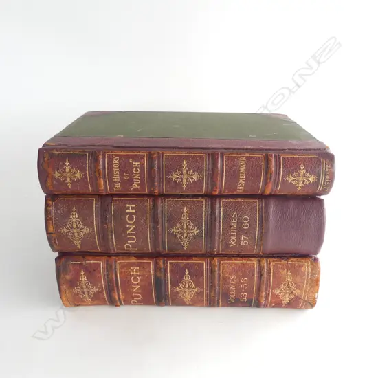 3 LEATHERBOUND PUNCH BOOKS. ONE HISTORY OF. OTHER TWO VOLUMES 53-56 & 57-60
