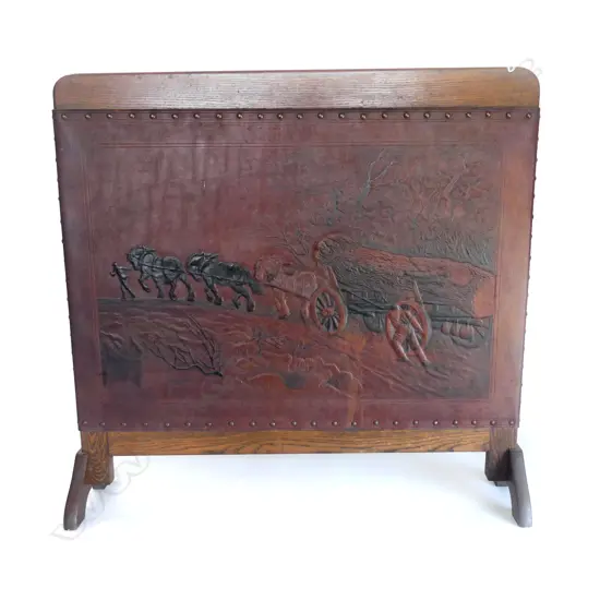 VINTAGE LEATHER WORKED FIRESCREEN LOGGING SCENE SIGNED Made By A Smith Auckland 730 x 760mm