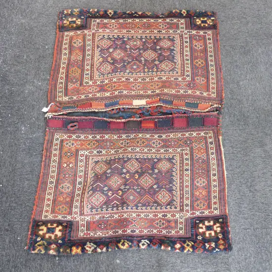 (32) quality semi antique FINELY WOVEN KELIM SADDLE BAG dble sided 1300 x 950mm w pile fringe 