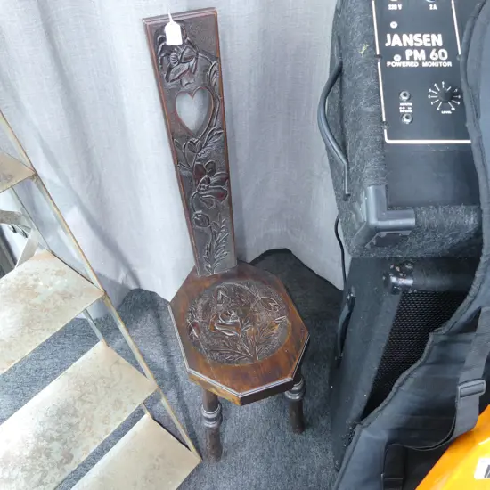 WELL CARVED KAURI SPINNING OR NURSING CHAIR, FLORAL DETAIL TO BACK WITH HEART SHAPED OPENING & EXCELLENT PATINA. H.90