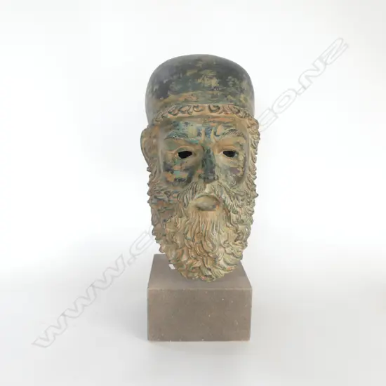 CLASSICAL GREEK BRONZE HEAD ON STAND; BEARDED GENT H.480mm