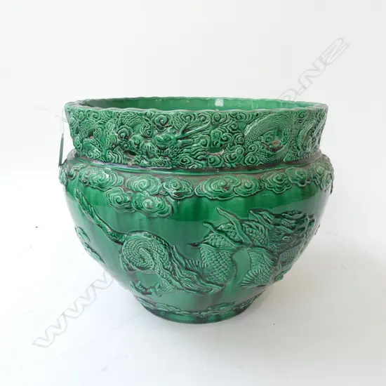 LG GREEN GLAZED ORIENTAL JARDINIERE H.250mm, 310mm dia - minor fault...